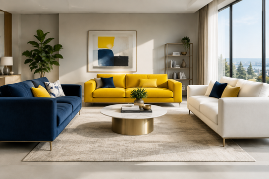 3 sofas in colour blue, yellow and white