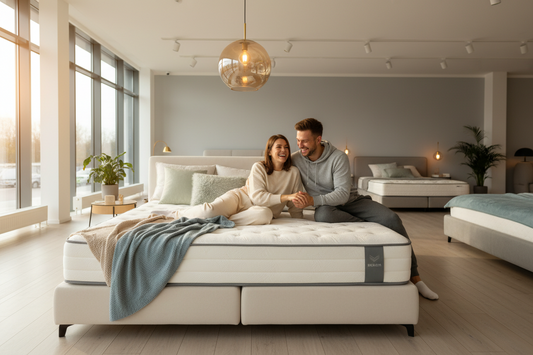 A happy couple checking for good mattress in store