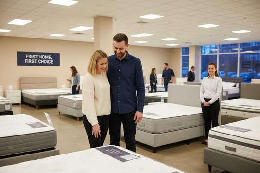 a man and woman in store choosing a bed base