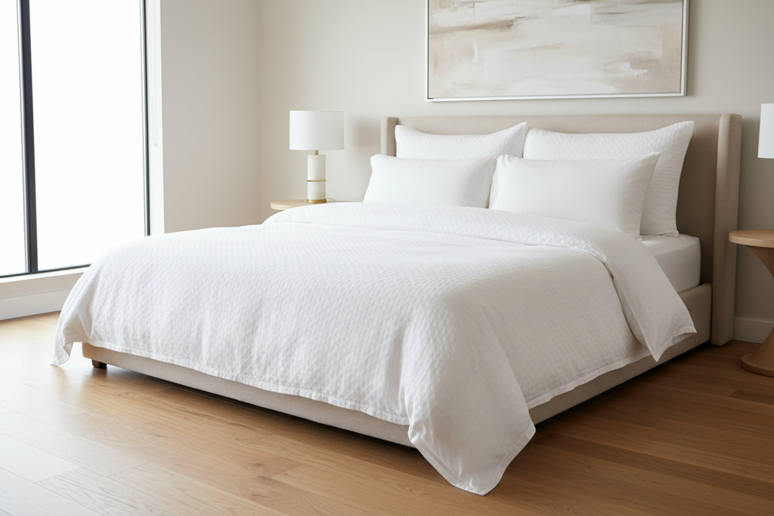 King size bed with a white duvet in a modern bedroom