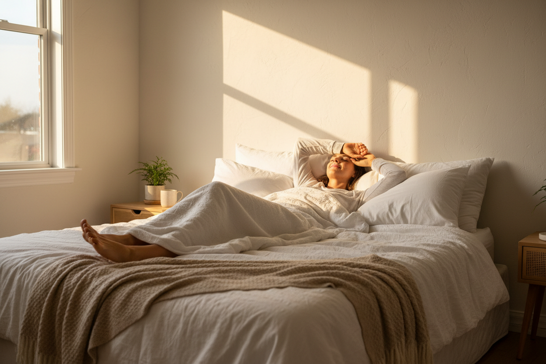 A person laying on the bed while sunrise