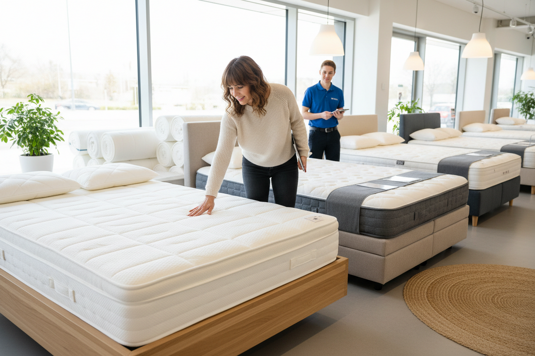 A woman buying mattress and bed base