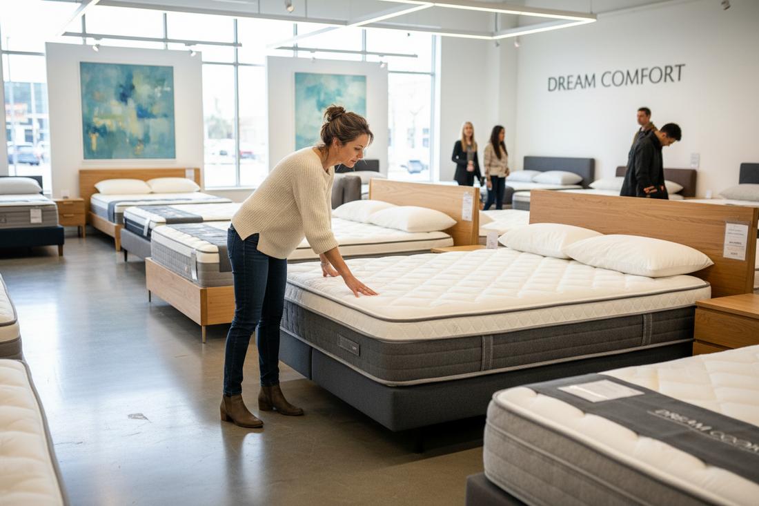A woman choosing mattress in store