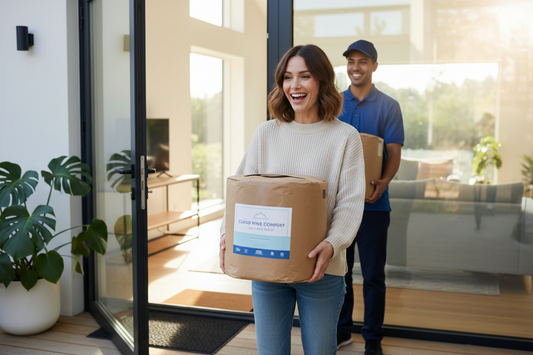 A happy lady carrying delivered mattress