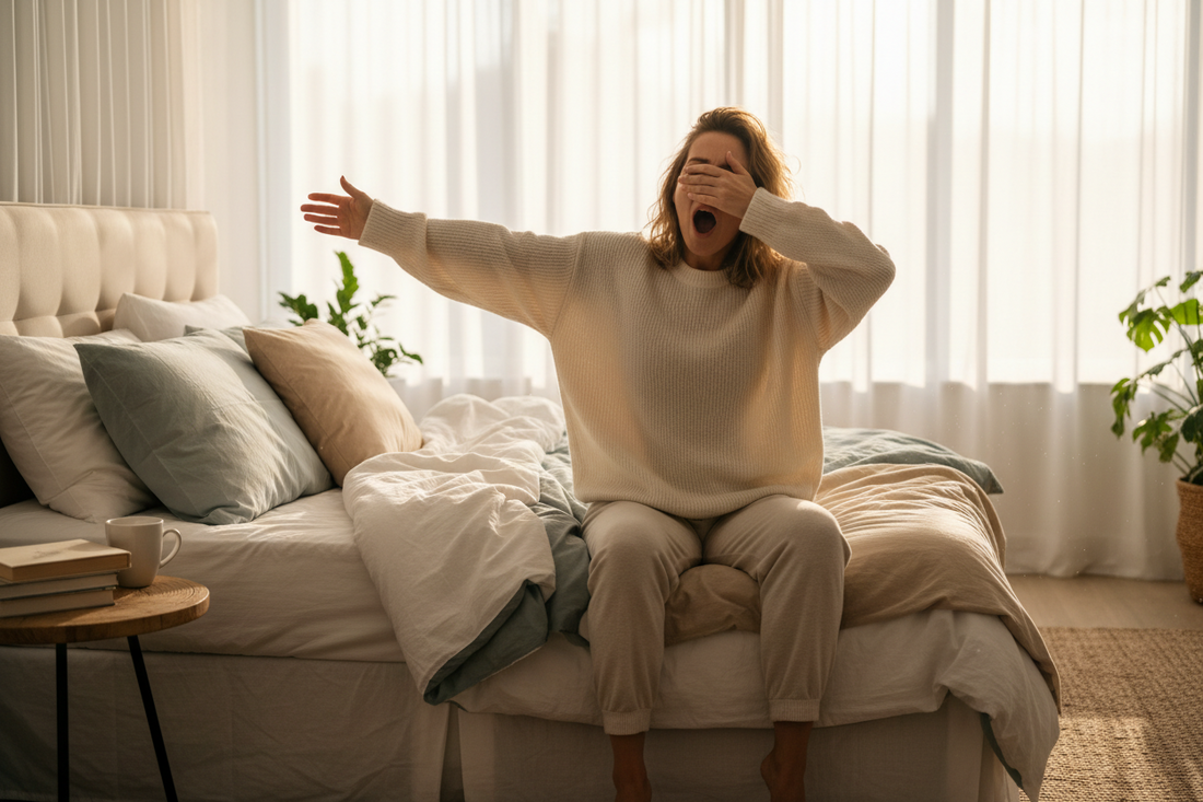 A woman wakes up and yawn
