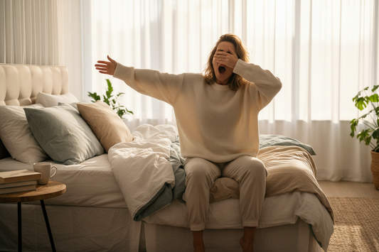 A woman wakes up and yawn