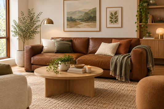 A brown leather sofa in living room