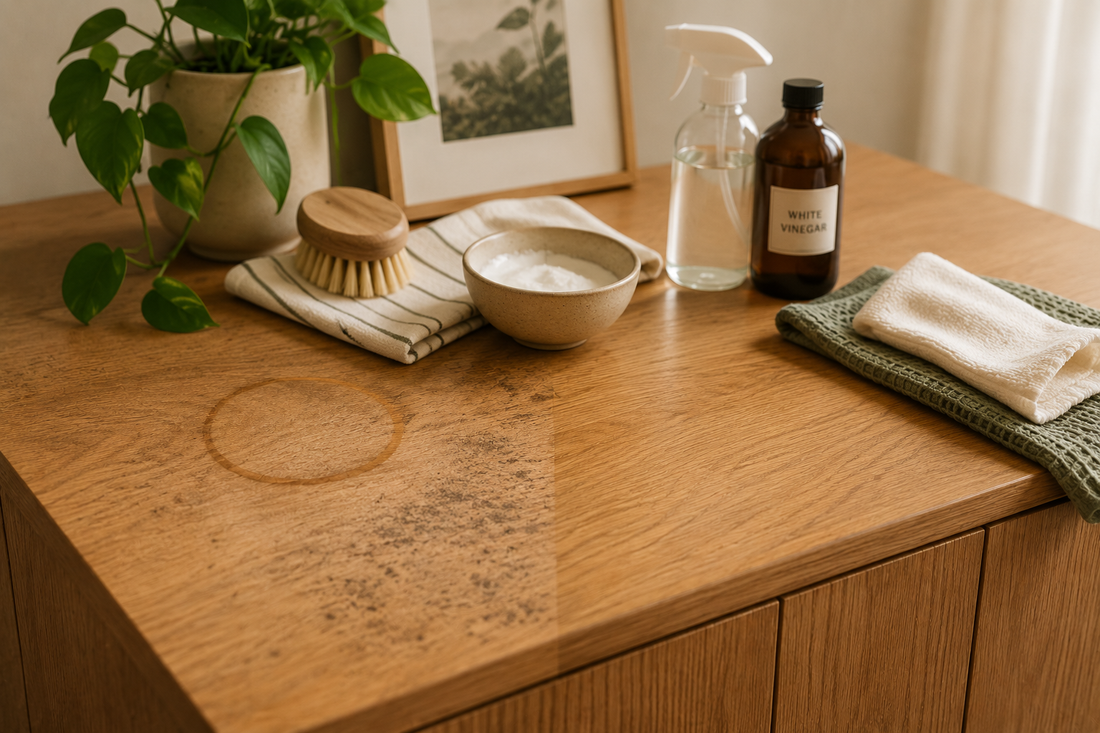 Water rings and mould on a wooden cabinet