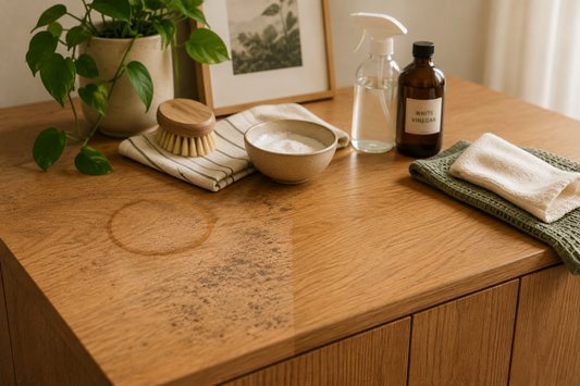 Water rings and mould on a wooden cabinet