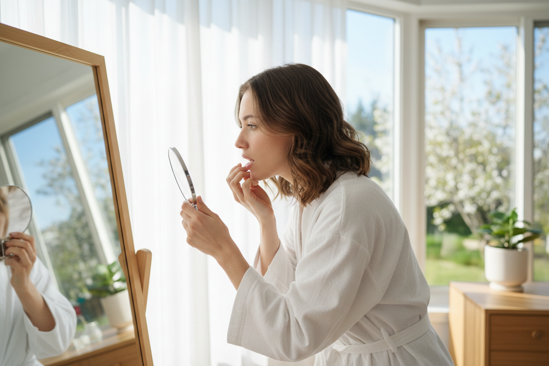 Woman checking her teeth in a bedroom mirror with a bright background.