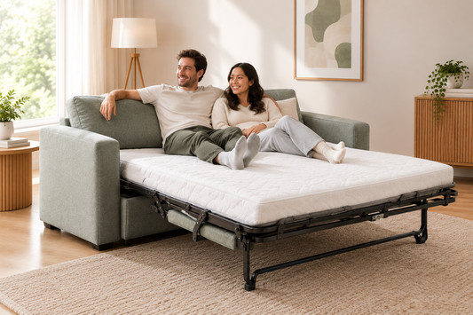 A couple sitting on a sofa bed