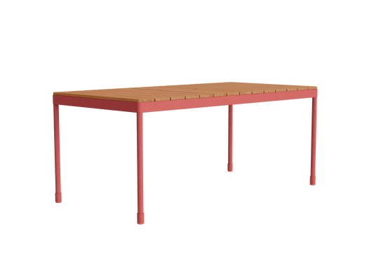 Rectangular table with a light brown wooden top and red legs.