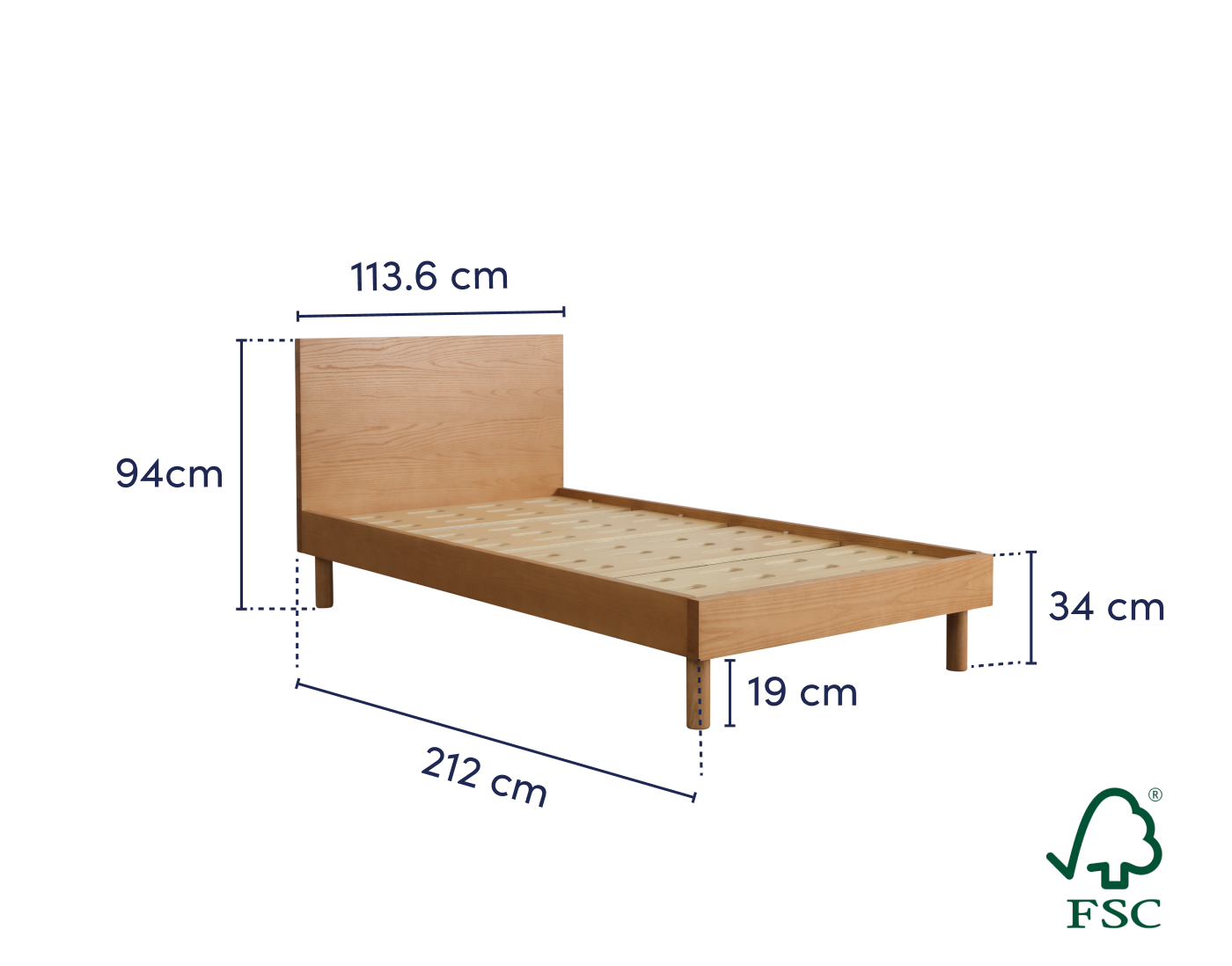 Wooden single bed frame with headboard and slatted base. Dimensions in blue: 104.8cm wide, 204cm long, 94cm tall. Eco-friendly icon in green.