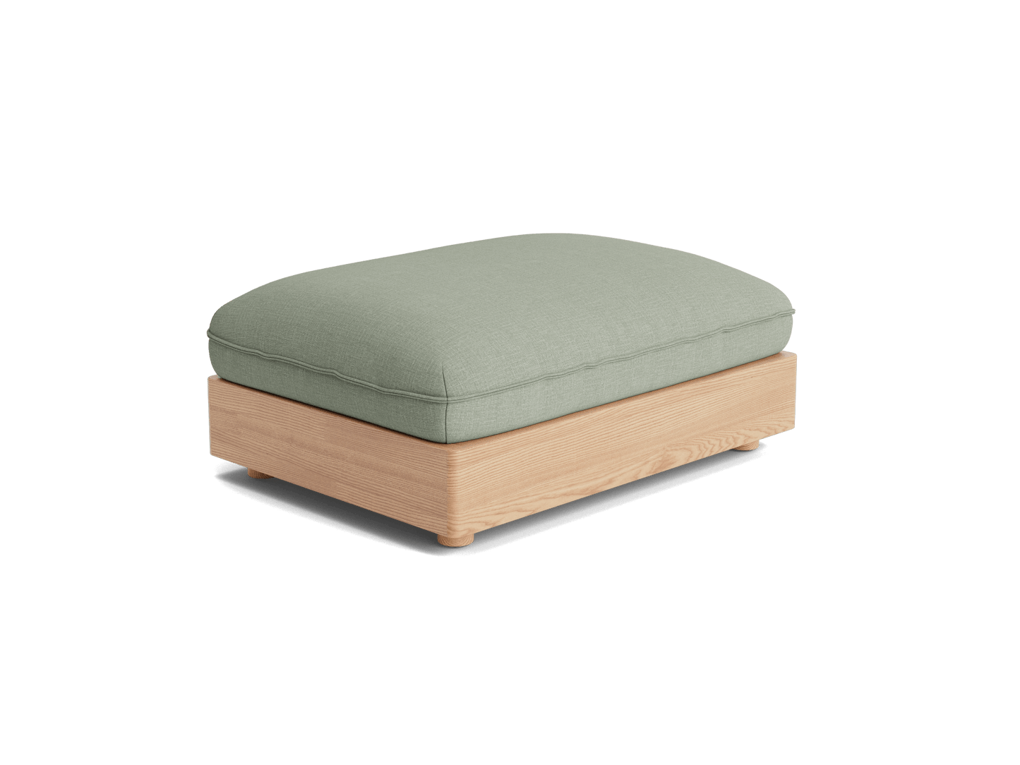 Green cushioned ottoman with light wood base, featuring a minimalist design. Perfect for modern living room décor.