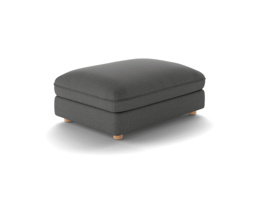 Dark grey rectangular ottoman with wooden legs. Simple, modern design suitable for living rooms or lounge areas.