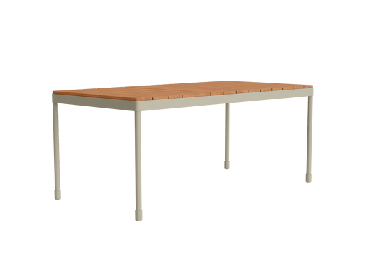 Beige metal dining table with a light brown wood top and minimalist design, featuring simple, straight legs.