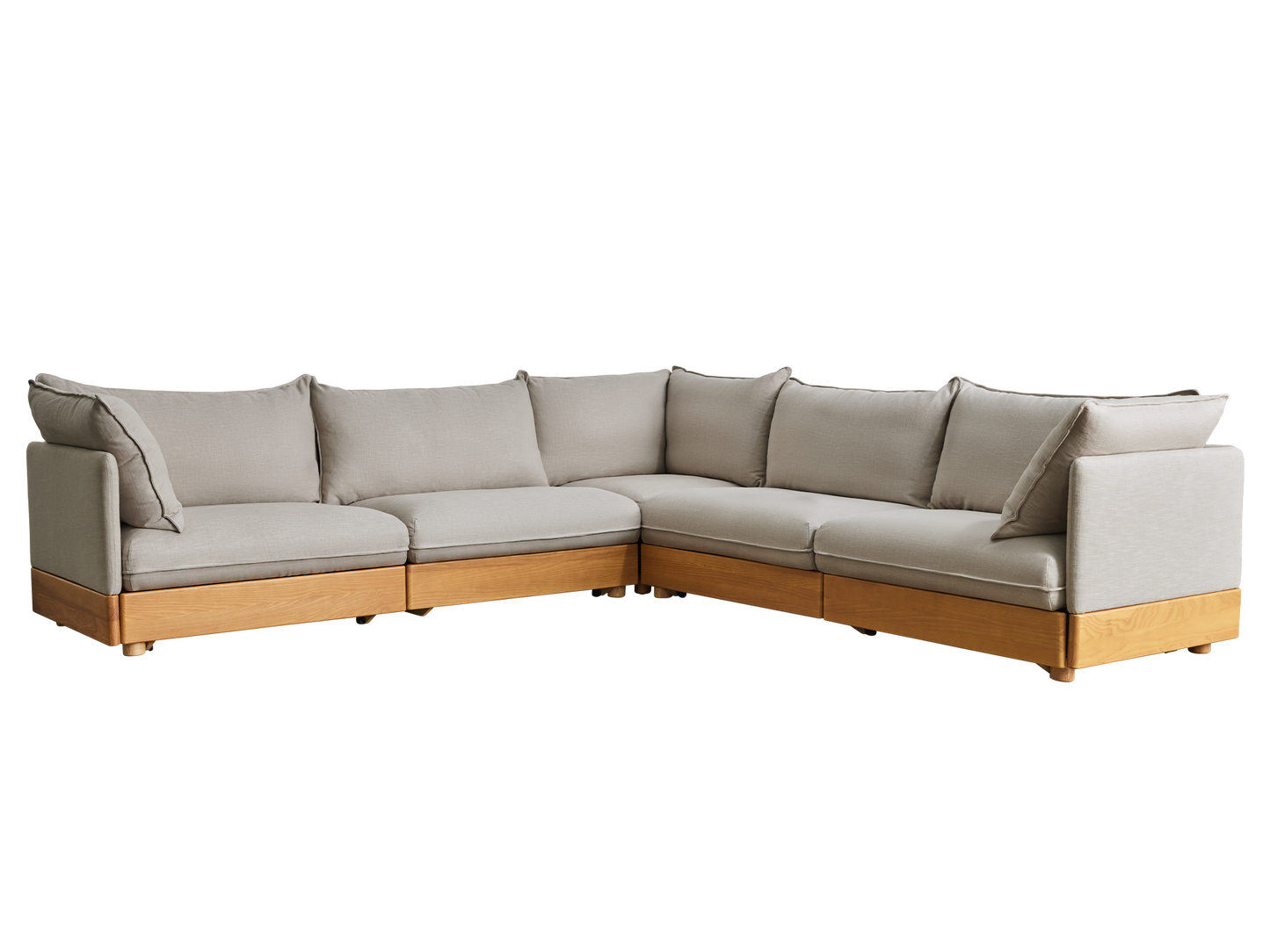 Light grey L-shaped sectional sofa with plush cushions and a wooden base. Perfect for modern living rooms.