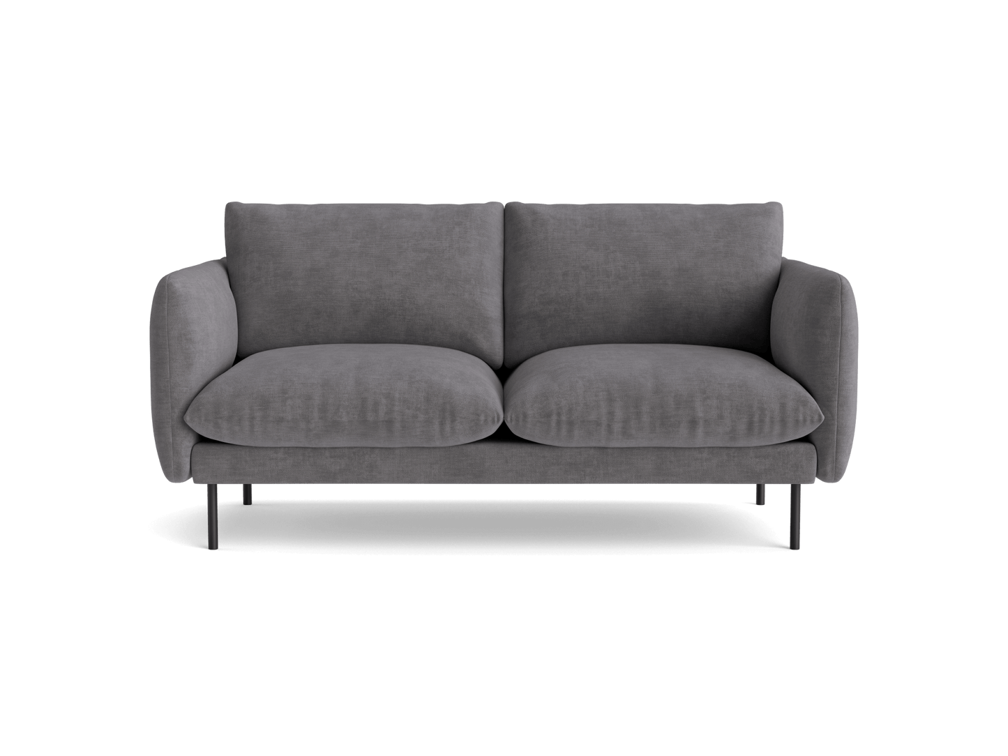 Two-seater dark grey couch with thick cushions and slim black legs, offering a modern and minimalist design for living rooms.