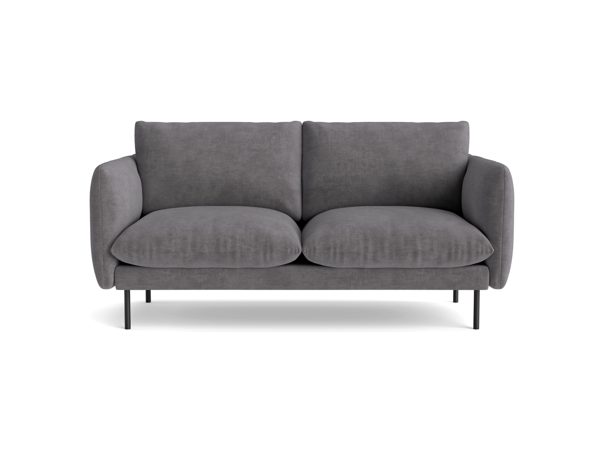 Two-seater dark grey couch with thick cushions and slim black legs, offering a modern and minimalist design for living rooms.