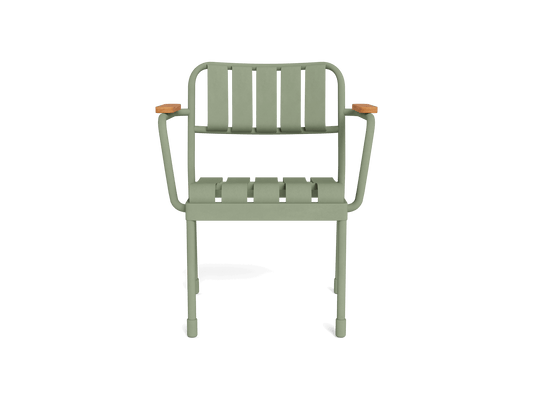 Sage green metal chair with slatted seat and backrest, featuring wooden armrest caps. Modern outdoor furniture design.