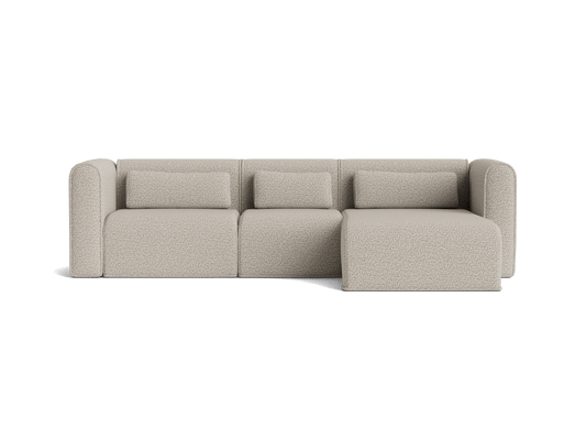 Three-seater light grey fabric sofa with a right-side chaise lounge and three back cushions. Perfect for modern living rooms.