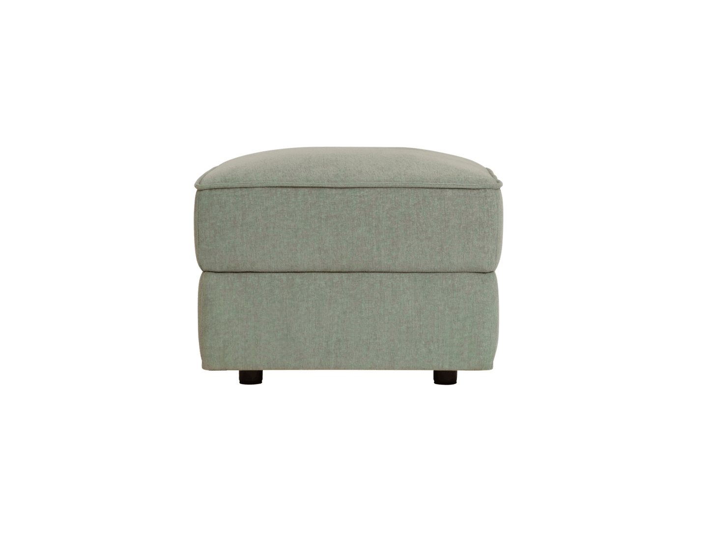 Light grey ottoman with a cushioned top and square design, supported by small black legs.