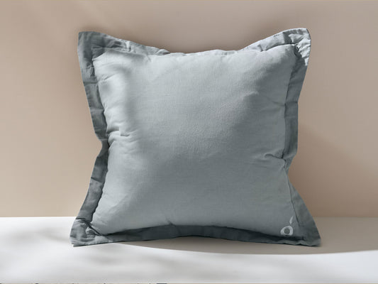Light grey square throw cushion with a slightly wrinkled texture on a plain background.