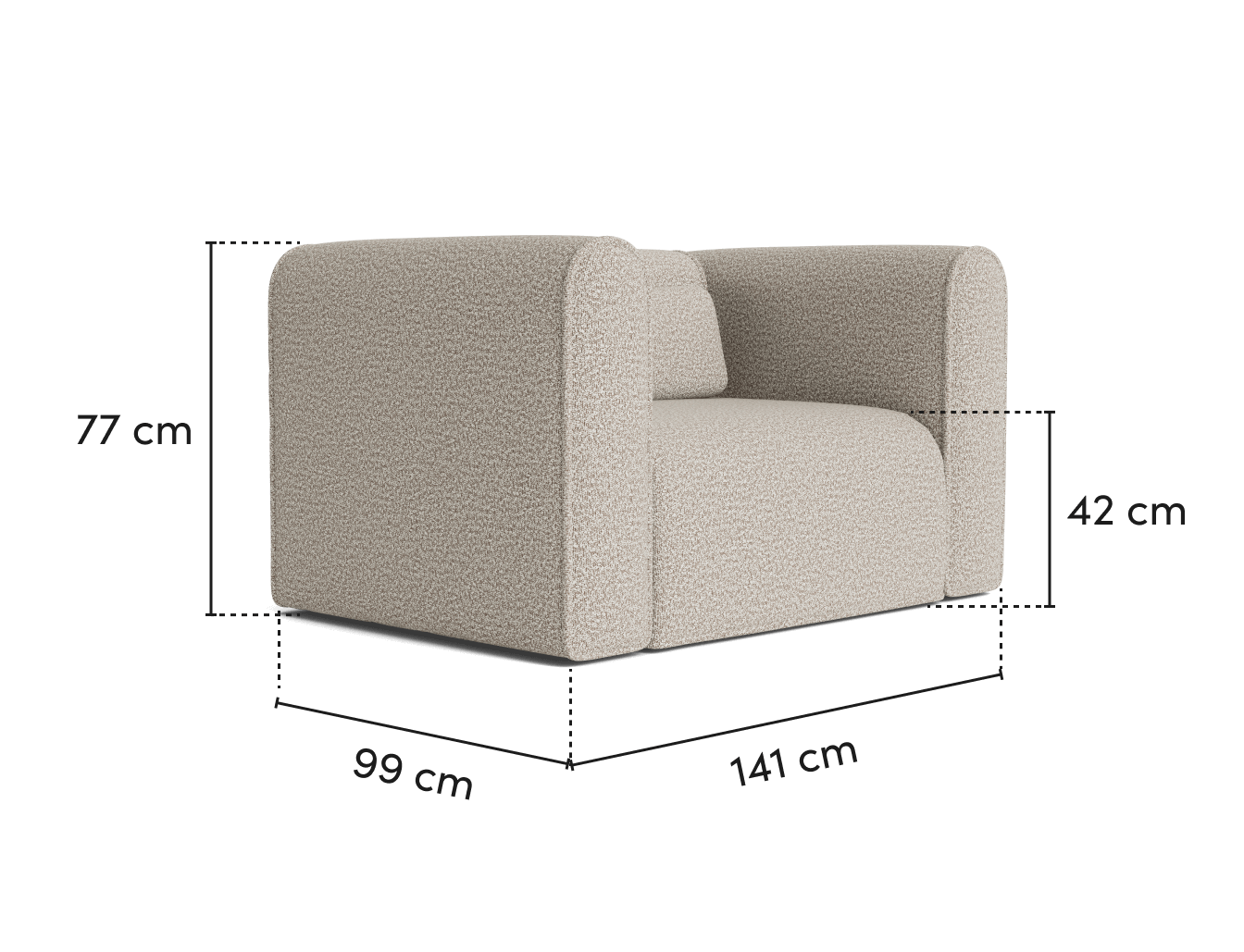 Beige armchair with plush upholstery, featuring rounded arms and seat. Dimensions: 77cm height, 141cm width, 99cm depth, 42cm seat height.