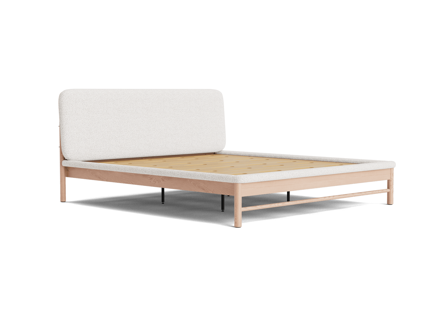 Modern minimalist bed frame with a light wood finish and a fabric upholstered headboard in white, featuring a rectangular shape.