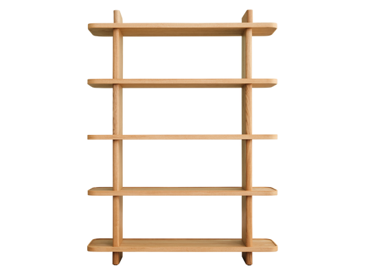 Wooden bookshelf with five shelves, featuring a minimalist design and natural wood finish, ideal for modern home or office storage.