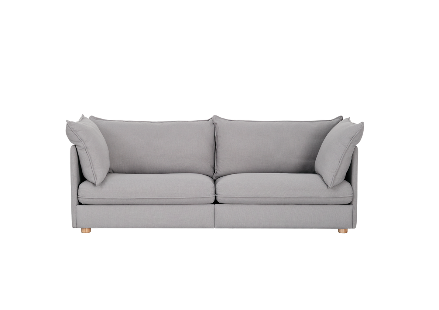 Light grey fabric sofa with two seat cushions and four plush pillows, featuring wooden legs. Simple, modern design.