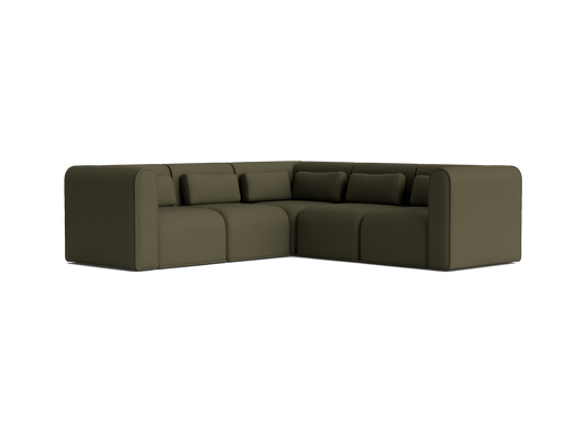 Dark green L-shaped sectional sofa with plush cushions and minimalist design, ideal for modern living rooms.