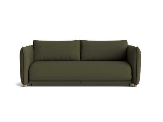 Olive green fabric sofa with soft cushions and rounded arms, featuring wooden legs.