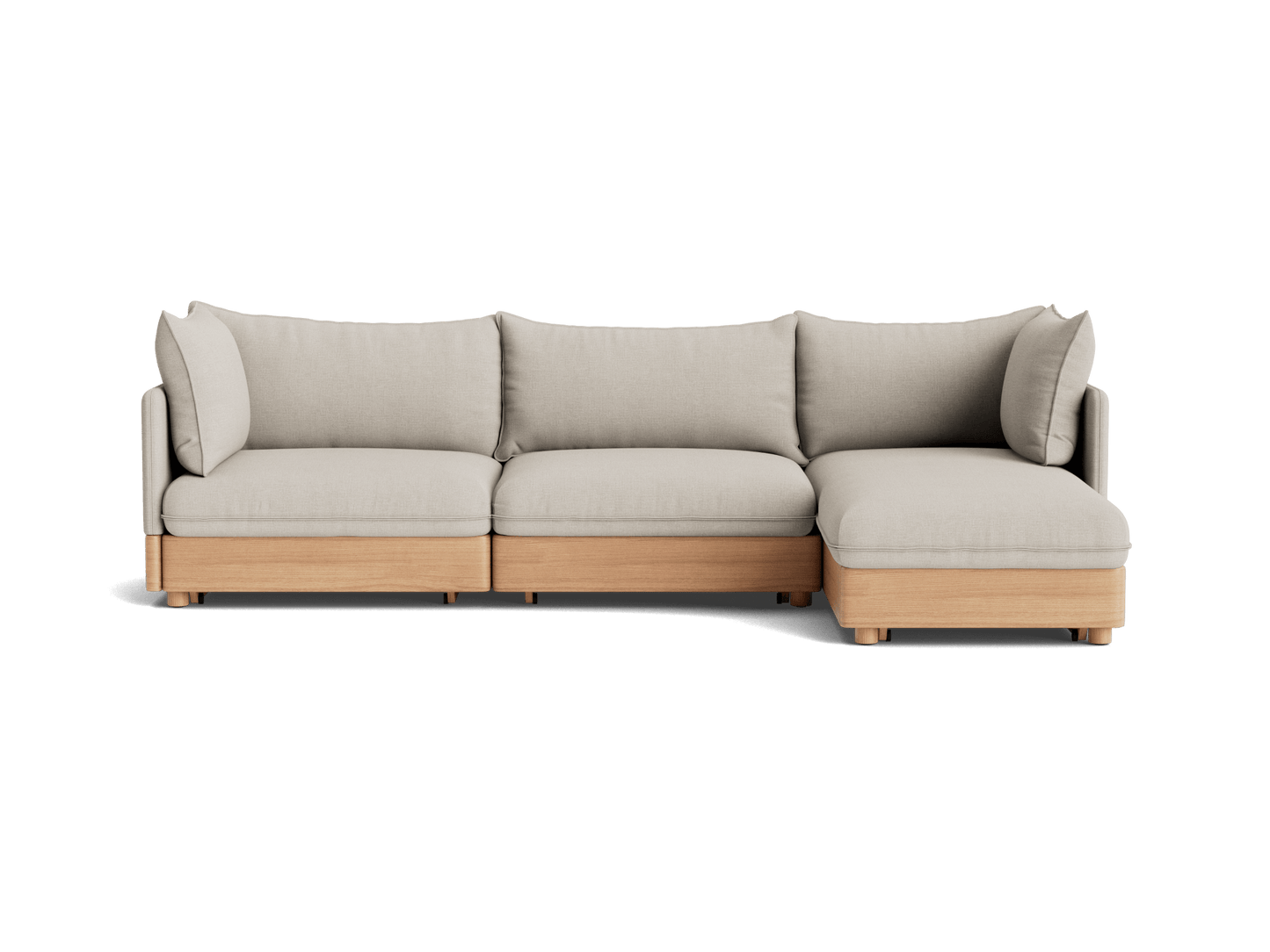 Light grey modular sectional sofa with wooden base and cushions, L-shaped design, perfect for modern living rooms.