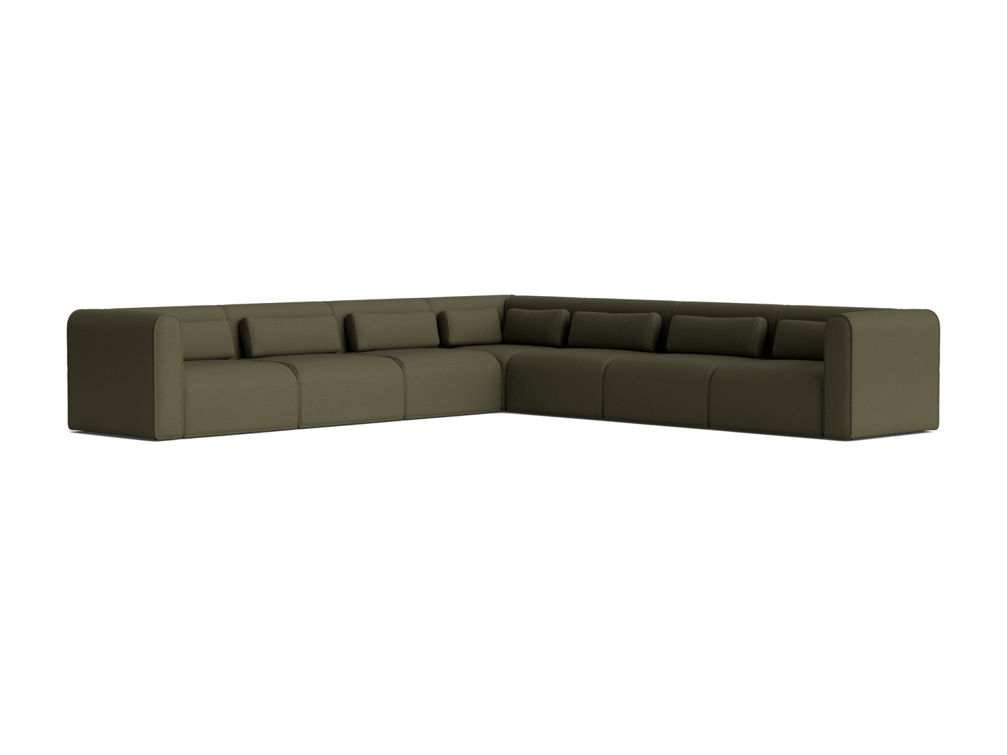 Dark green L-shaped modular sofa with plush cushions and low profile. Perfect for modern living rooms.