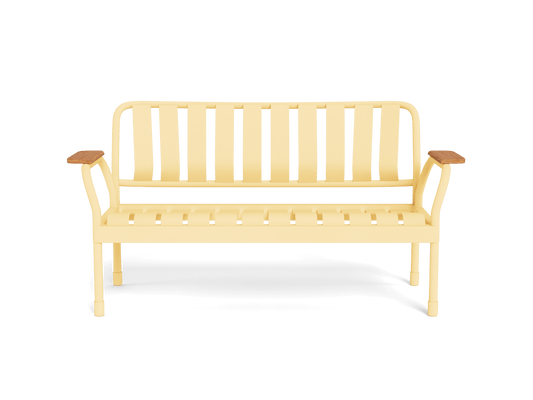 Yellow metal outdoor bench with wooden armrests and a slatted back and seat, casting a shadow on a white background.