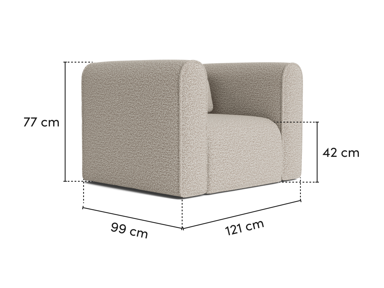 Beige, textured armchair with a boxy design, measuring 121 cm wide, 99 cm deep, and 77 cm tall. Arm height is 42 cm.