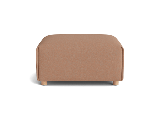 Beige square ottoman with wooden legs; minimalist design, ideal as a footrest or coffee table. Perfect for modern living spaces.