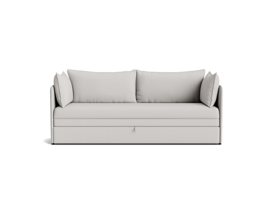 Light grey sofa bed with two large back cushions and side pillows, featuring a pull-out drawer underneath. Modern and minimalist design.