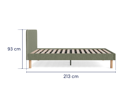 Side view of a green fabric bed frame with a headboard, wooden slats, and legs. Dimensions: 93 cm tall, 213 cm long.