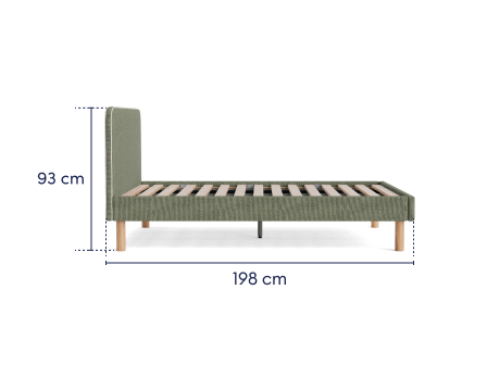 Olive green bed frame with wooden slats and legs, featuring a tall headboard. Dimensions are 93 cm high and 198 cm long.