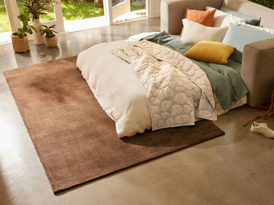 A grey sofa bed with multicoloured cushions on a brown rug, near a window with potted plants and sneakers on a concrete floor.