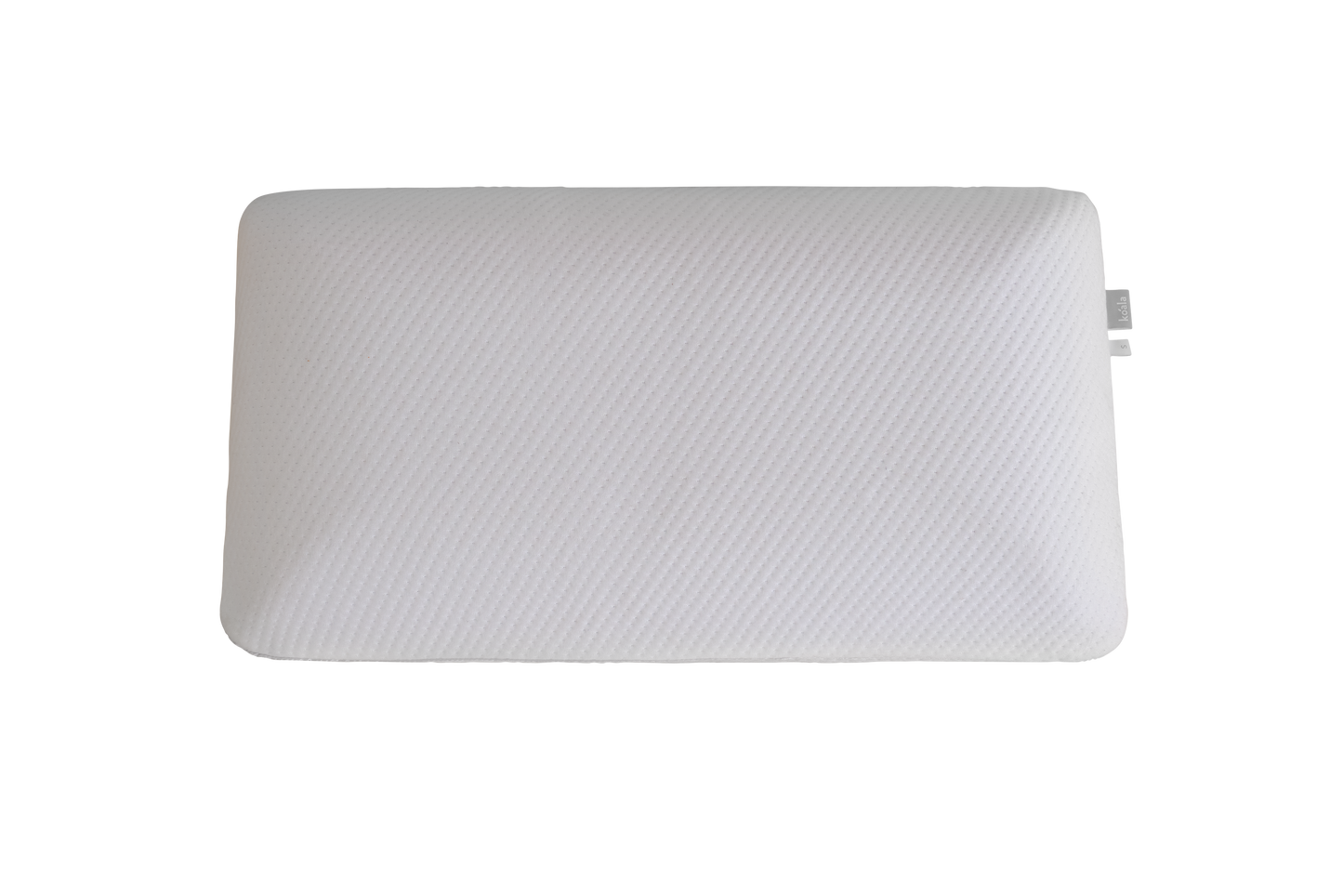 White memory foam pillow with subtle diagonal texture, rectangular shape, and a small fabric tag on one side.