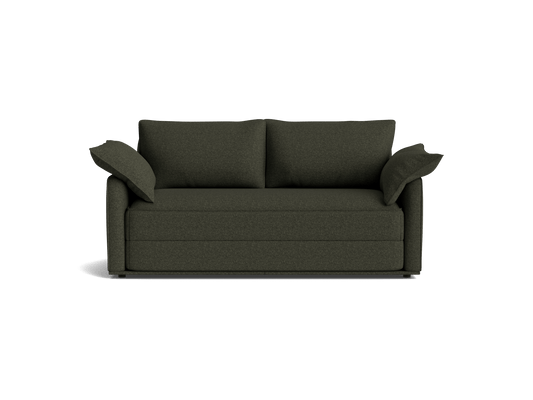 Dark grey two-seater sofa with plush cushions and armrests. Simple, modern design ideal for a contemporary living room.