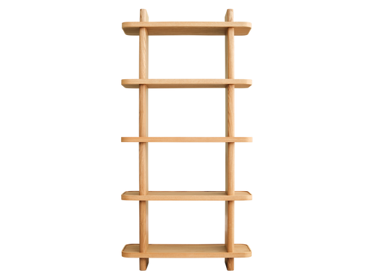 Natural wood bookshelf with vertical and horizontal slats, five shelves. Simple, minimalist design.