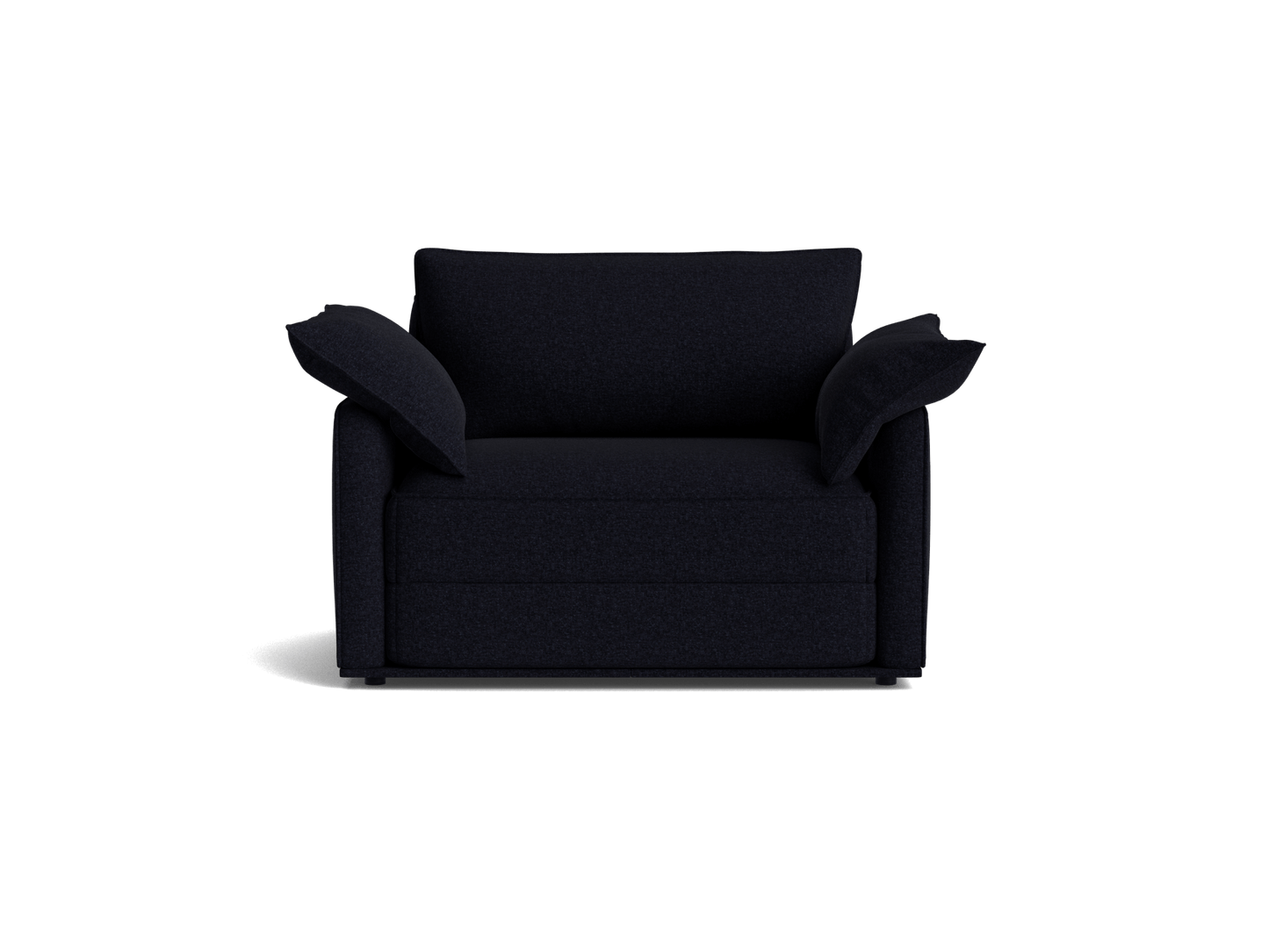 Dark brown armchair with plush cushions and wide, angled arms. Elegant design suitable for modern living rooms or office spaces.