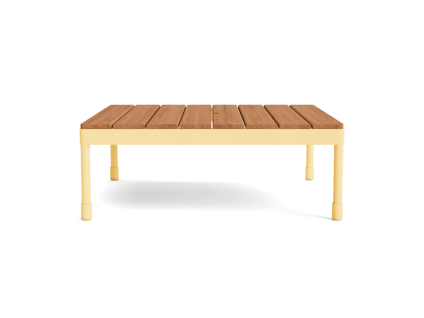 Wooden coffee table with a light yellow frame and slatted top. Modern design, perfect for living room or outdoor settings.