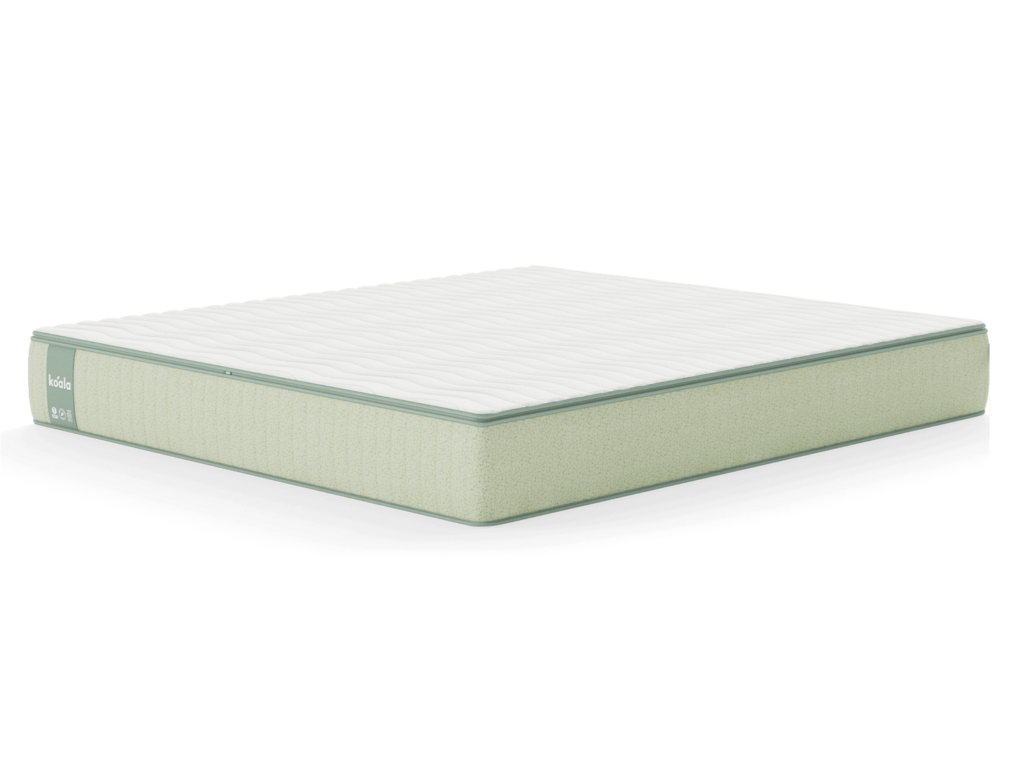 Light green mattress with a white quilted top, displaying a slim profile and subtle branding on the side.