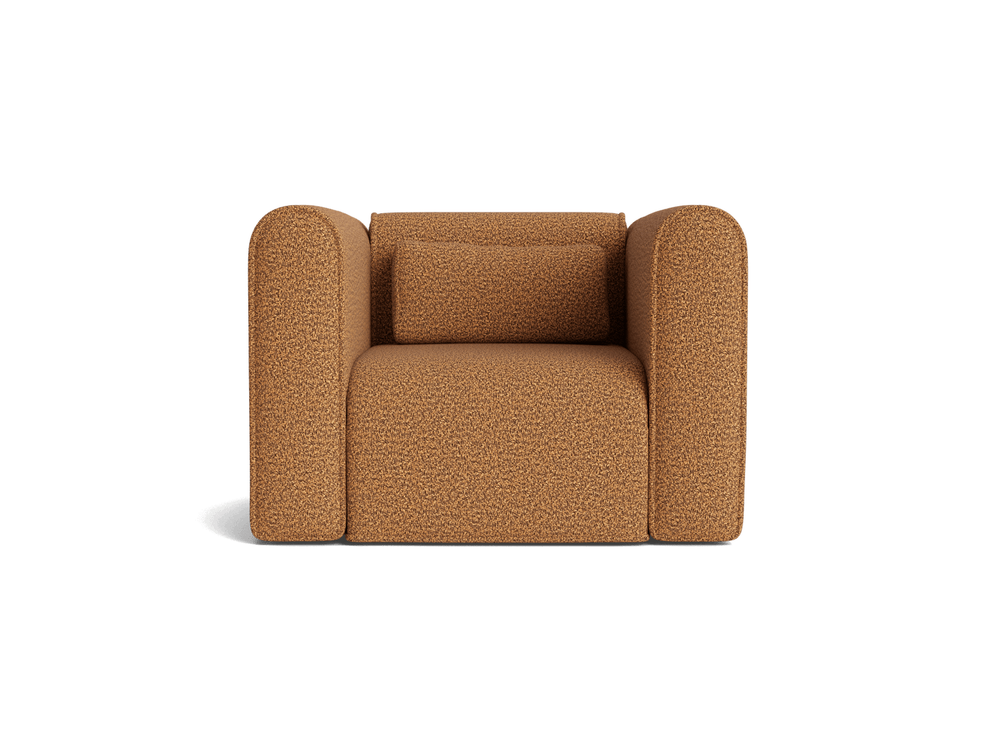 Brown armchair with rounded arms and a textured fabric, featuring a matching back cushion.