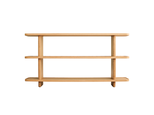 Minimalist wooden shelf with three tiers, featuring a natural light brown finish. Ideal for modern interior décor and storage.